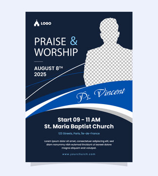 Sunday Worship Church Conference Event Invitation, Church Flyer Poster Design With Photo Space, Social Media Poster Web Banner, Worship Flyer Template, Vector Illustration A4 Size.