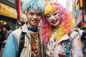 Fototapeta premium close up portrait, happy teenage couple lover in colorful punk street fashion style look, Generative Ai