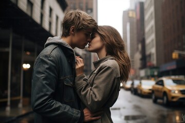 Fototapeta premium Teenage Couple Kissing And Hugging In Urban Exterior