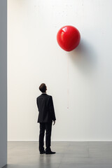 A man in dark suit looking up at a red balloon getting out of his reach in a white room. Concept for chasing dream, business success, missed opportunity.