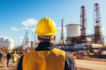 Unrecognizable Worker In A Yellow Hard Hat against the backdrop of construction ai generated