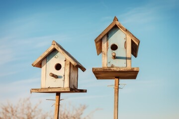 Obraz na płótnie Canvas Vertical Shot Of Two Birdhouses Against The Clear Sky