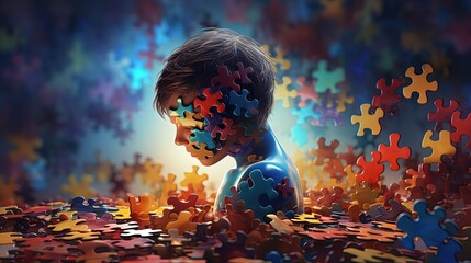 illustration of young boy with puzzle game piece fractal, idea for critical thinking and how to find the right solution concept, Generative Ai - obrazy, fototapety, plakaty