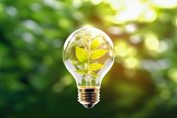 Ecology, save energy and sustainability concept. Environment card with light bulb with green leaves on green plante background. Sustainable energy development