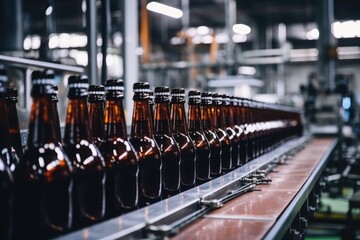Brown Glass Beer Drink Alcohol Bottles Brewery Conveyer - obrazy, fototapety, plakaty