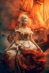 Elegant woman in fairy tale dress with ship in background