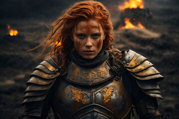 Fototapeta premium Female divine warrior wearing full plate armor standing on a battlefield