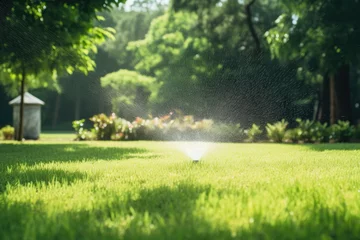 Poster Sprinkler In Park Spraying Water On Lush Green Grass  © Tymofii