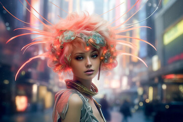 Confident white woman in futuristic city with fashionable hairstyle and attire