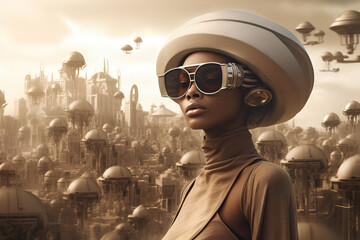 Futuristic Black woman with stylish glasses and hat