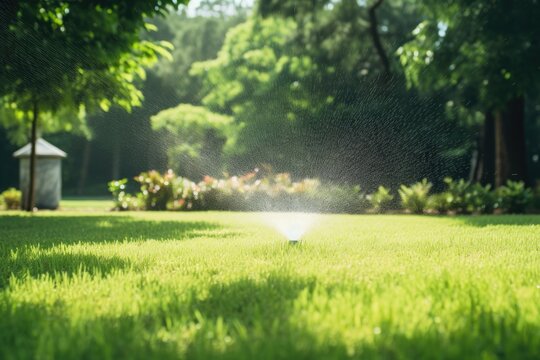 Sprinkler In Park Spraying Water On Lush Green Grass 