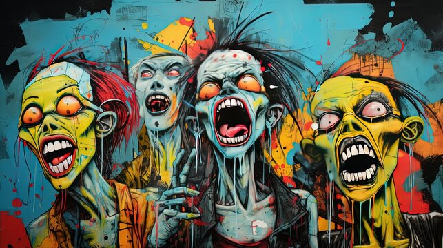 contemporary painting illustration in graffiti style, zombie attack on city, Generative Ai