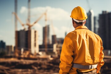 Unrecognizable Worker In A Yellow Hard Hat against the backdrop of construction