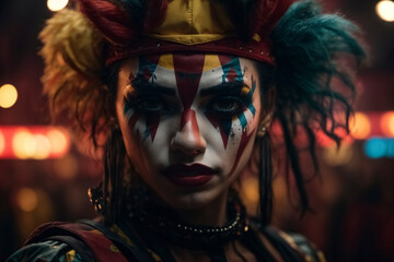 Scary brazilian female clown on a Circus background - obrazy, fototapety, plakaty