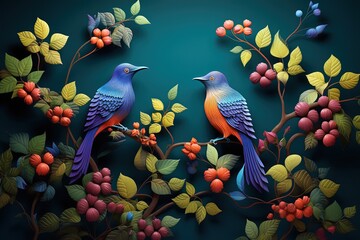 paper craft style illustration, two bird on flower blossom branch, Generative Ai