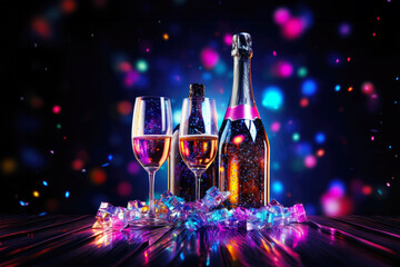 Party background, bottle of champagne and glasses