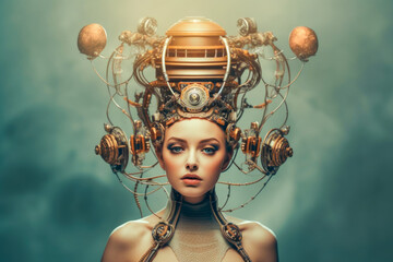 Futuristic White woman in studio portrait with technology headwear looking confident