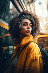 Beautiful confident Black woman in yellow against urban backdrop