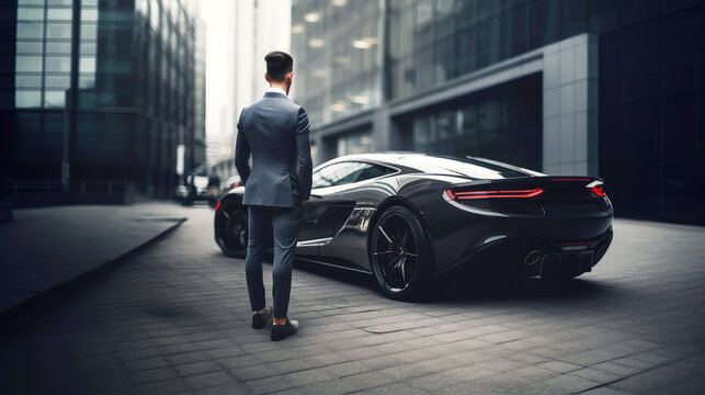 Unrecognizable businessman standing besides his supercar