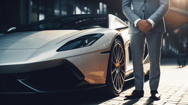 Unrecognizable businessman standing besides his supercar