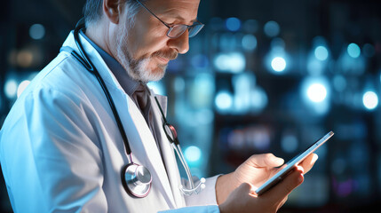 Doctor with stethoscope and a tablet in hand checking a medical record from which multiple icons of medical services. Generative AI