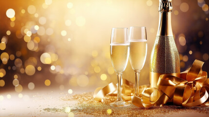 Glasses of champagne on a festive background, party or holiday concept. New Year or Christmas sparkling background with copy space. Gold and black colors.