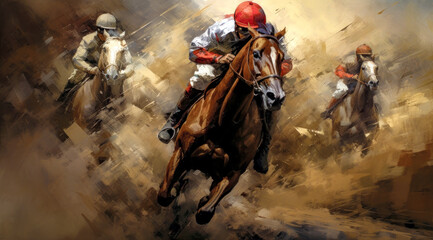 Fototapeta premium Horse Racing in an Oil Painting on Canvas Military Abstract Wallpaper Digital Art Illustration Generative AI Journal Background Backdrop Poster