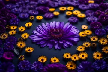 Obraz premium Defocused purple flowers arranged in circle on multicolored backdrop
