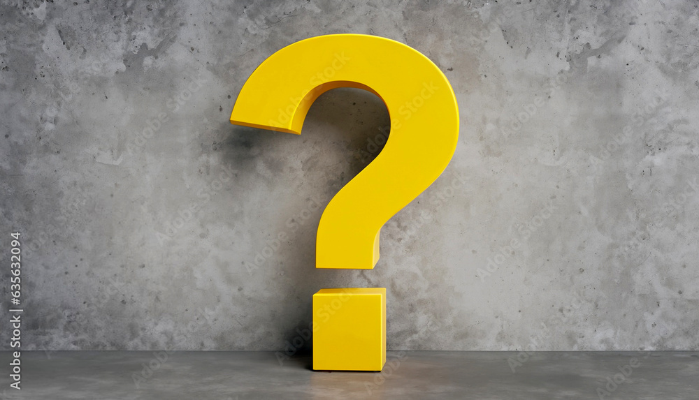 Poster huge yellow question mark on concrete floor background. finding a solution concept.