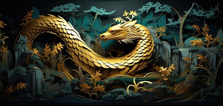 paper cut sculpture layer art illustration, elegance golden dragon in forest, symbol of prosperity background wallpaper, Generative Ai