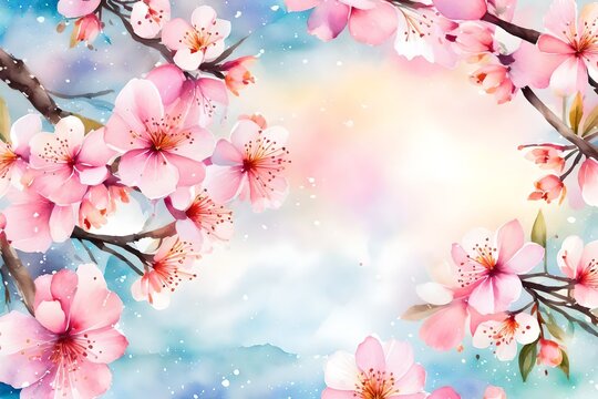 Scenic watercolor background, floral composition Sakura