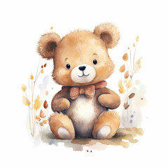 AI generated, cute teddybear in watercolor style illustration on white background. Beautiful illustration for a children’s book, postcards, napkins. Cute sweet little bear.