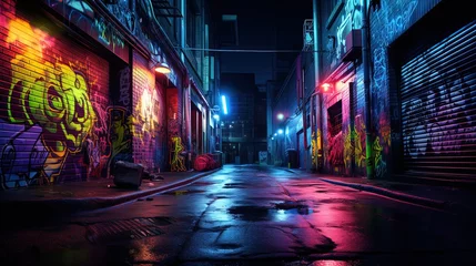 Foto op Aluminium wet city street after rain at night time with colorful light and graffiti wall, Generative Ai © QuietWord