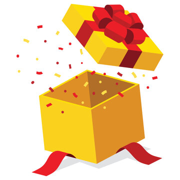 Single yellow open gift box icon, present with red ribbon bow flat isometric illustration design, surprise confetti inside, vector interface app icon ui ux banner web isolated on white background