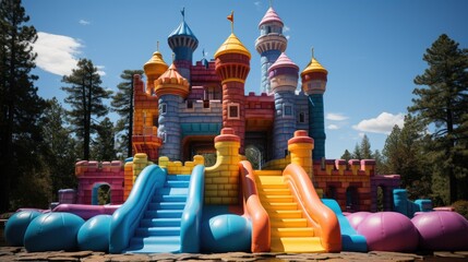 Fun colorful inflatable castle playground. Generative AI - obrazy, fototapety, plakaty