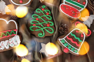 Banner for Christmas and New Year gingerbread. Christmas trees, toys, snowmen, garlands on a...