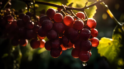 Illuminated by a ray of the sun, a hanging bunch of red grapes with dew drops. Generative AI technology.