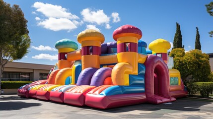 Fun colorful inflatable castle playground. Generative AI - obrazy, fototapety, plakaty