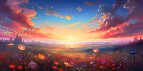 painting style panorama landscape nature scenery illustration of beautiful hill with gradient sunset sky, Generative Ai