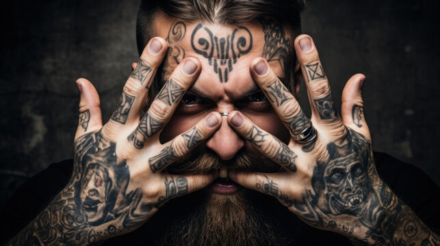Portrait of angry prizon tattooed man looking at camera, touching his face, posing isolated over pink background. Freestyle, human emotions concept. prisoners criminal