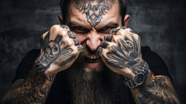 Portrait of angry prizon tattooed man looking at camera, touching his face, posing isolated over pink background. Freestyle, human emotions concept. prisoners criminal