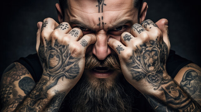 Portrait of angry prizon tattooed man looking at camera, touching his face, posing isolated over pink background. Freestyle, human emotions concept. prisoners criminal