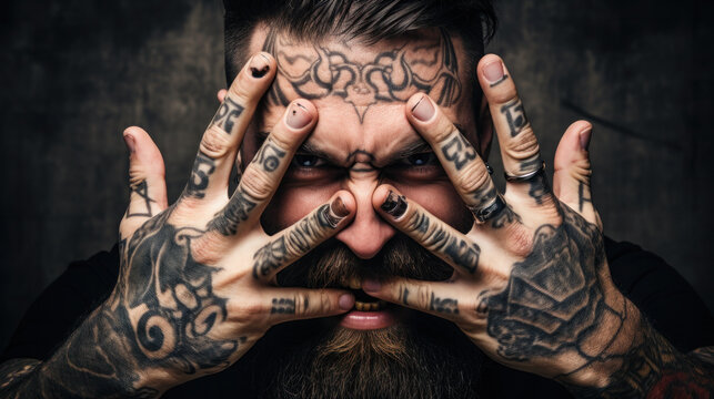 Portrait of angry prizon tattooed man looking at camera, touching his face, posing isolated over pink background. Freestyle, human emotions concept. prisoners criminal