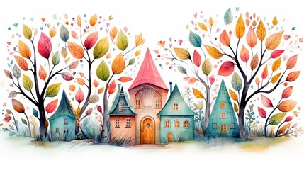 watercolor style illustration cute whimsical fantasy house in autumn or spring garden, flower and leaf in colorful tone color, Generative Ai - obrazy, fototapety, plakaty