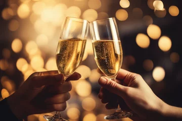 Gordijnen Two hands with glasses of champagne wine clink against blurred golden lights. Festive background and celebration concept © Lazy_Bear