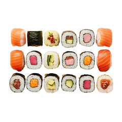Sushi variety presented on transparent background