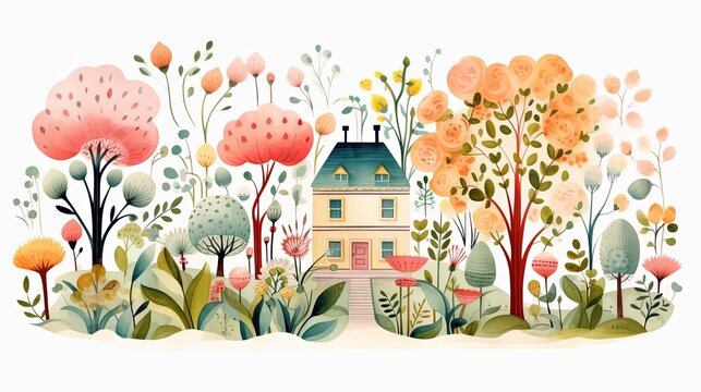 watercolor style illustration cute whimsical fantasy house in autumn or spring garden, flower and leaf in colorful tone color, Generative Ai