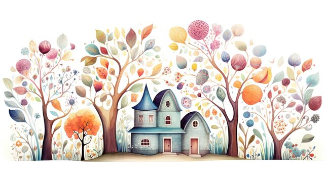watercolor style illustration cute whimsical fantasy house in autumn or spring garden, flower and leaf in colorful tone color, Generative Ai