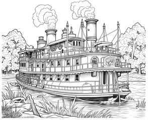 Coloring book for children steamship close-up.