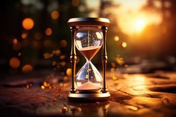 Vintage hourglass representing the concept of time and pacing, slow, sands of time, bokeh, depth of field, magic. Generative AI